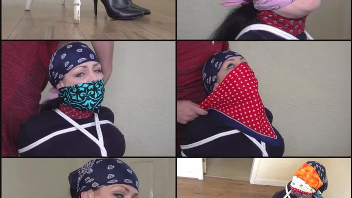 Emma in, bound gagged and head mummification with bandanas