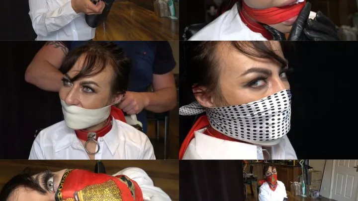 Black swan leather booted, gloved, bound and gagged with scarves and tape