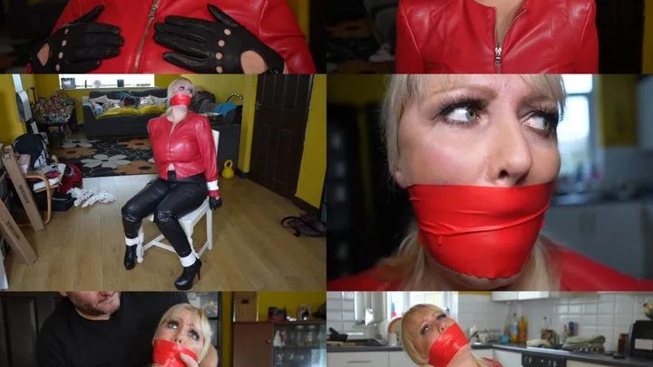 Big busy blonde milf in leather bondage - Chair tied and tape gagged