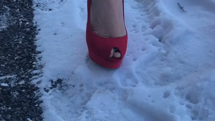 Red High Heels sank deep into white freezing snow and heels gets bend really hard!!