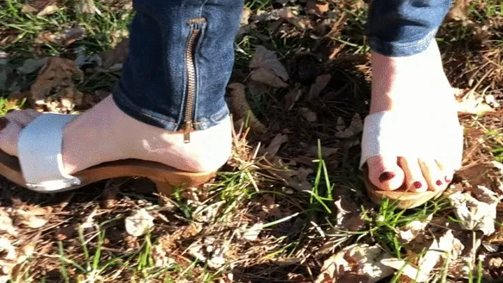 Dasha Kelly is wearing a pair of vintage clogs heels shoes,The heels sank deep into the soft green grass, walking in a public park :)