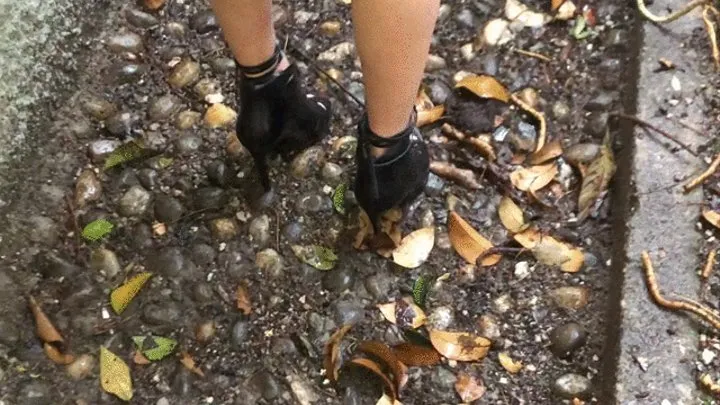 Dasha Kelly is wearing a pair of open toe high heels sandals she walks under the rain on a muddy and leafy pebble floor