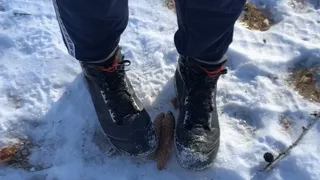 Master Leo taps his work boots really hard on a chestnut, smashing and crushing it in the cold!!!!