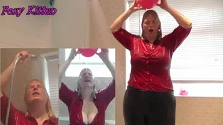 Foxy Shower and Bucket Drench Face and Hair in Red Shirt