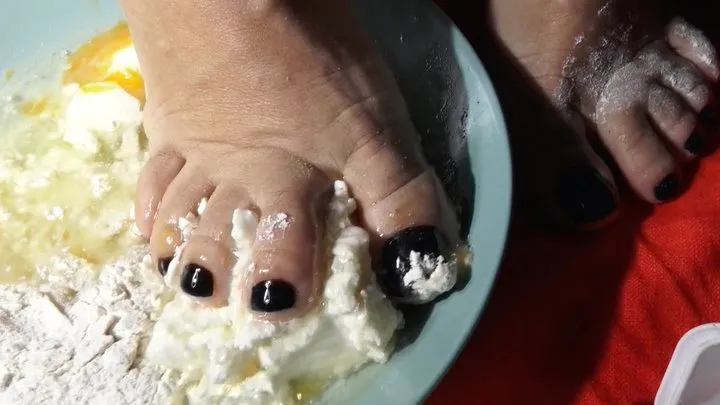 thick bbw feet preparing cake with feet smashing all mix soles full of food mass smashing the mass for cook some muffins