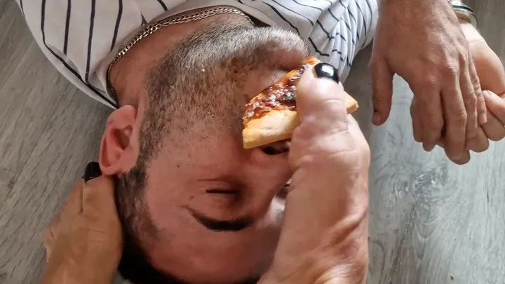 Foot slave humiliated in his eating diner moments face feet foot slappling and kicking his chin and face and he spit the food no way to eat his pizza in calm my thickness rude feet will ruin his meal times!