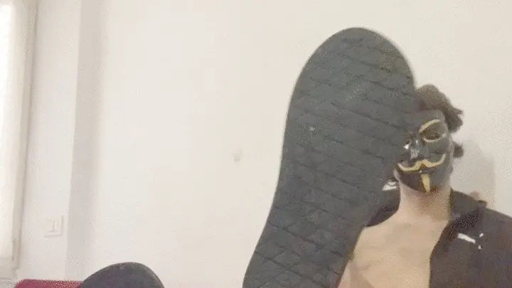 Slave totally cleans dirty flip flops with his tongue