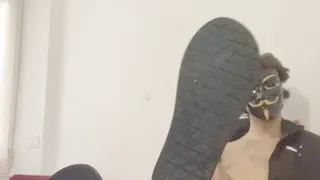 Slave totally cleans dirty flip flops with his tongue