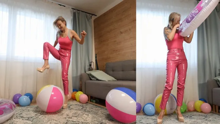 Blonde in pink blowing inflatables then destroys them