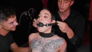 Obedient slut Saba Lapiedra submits to two studs in the BDSM room