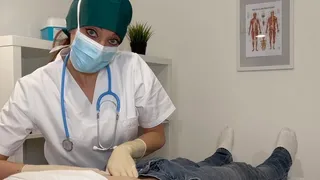 Nurse check your abdomen with surgical gloves