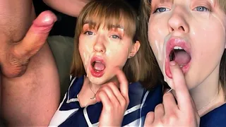 Pretty schoolgirl wonderful blowjob and intense sex, facials