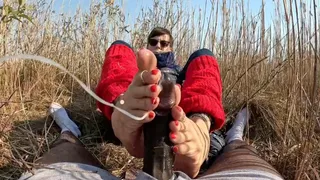 Jerked his dick with my toes in the bushes 3 x back to back, huge ropes of cum! milf feet on bbc, marathon 20, nuts 1-3