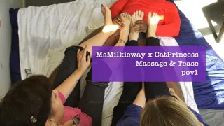 The double foot massage and dick tease before MsMilkieway and CatPrincess drain MrMarathon, pov2, plus bts scenes