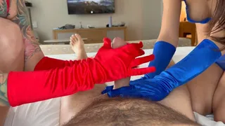 Misty Addams & Summer Raez Give Red, White Cum, & Blue Gloved Handjob