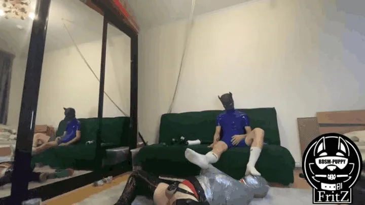 latex puppy tied up a latex slave with duct tape and made him sniff his dirty socks 1080