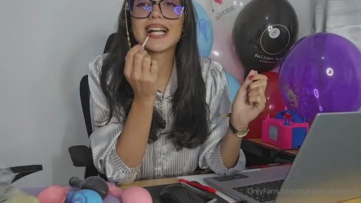 This super sexy secretary plays with her balloons, doing ride-to-pop and blow-to-pop in her office