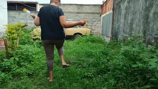 2 women scratching their feet when cleaning old car (Cc 1)