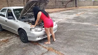 Pumping car pedals barefoot while trying to start the car (3)