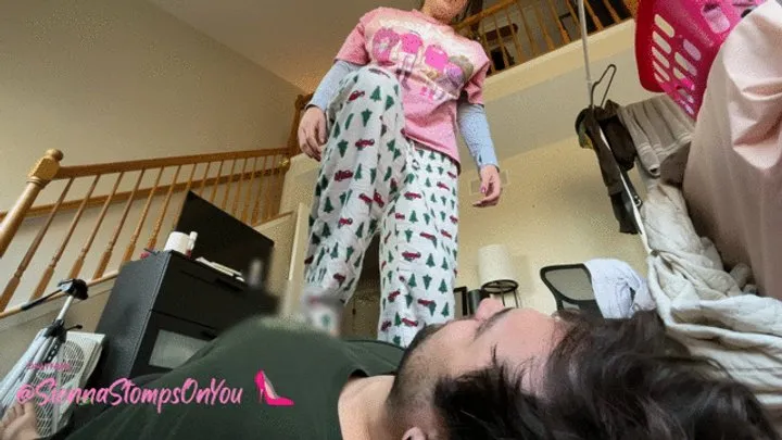 Stomping his face with my disgustingly filthy soles (real domestic femdom)