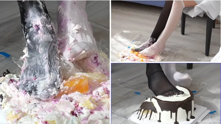 Food Crush - Girl wearing stockings tramples cream cake to mud