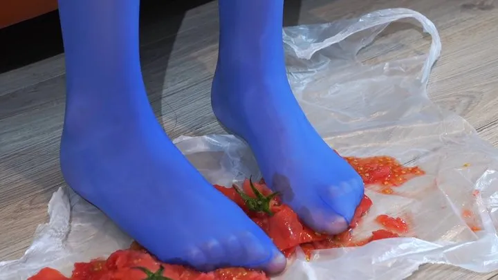 Food Crush - Girl in pantyhose tramples tomatoes and cream cake