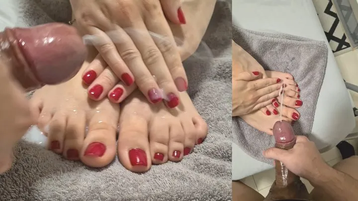 Huge cumshot over red toes