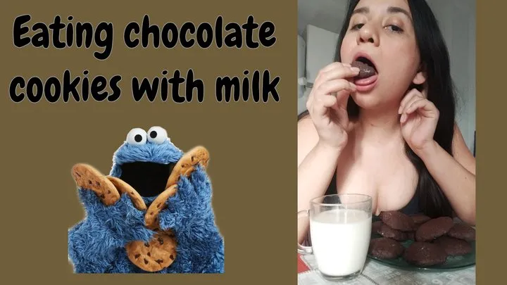 Eating chocolate cookies with milk