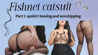 Fishnet catsuit: upskirt teasing and worshipping