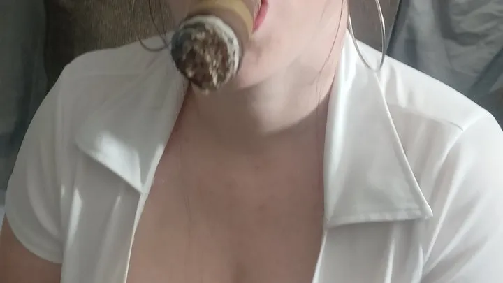 Redhead school girl cigar smoking, milking and masturbate