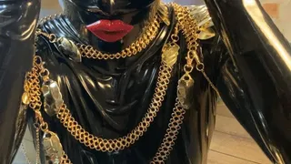 Golden Rubber Beauty Rubbermissy puts on her latex Mask and enjoys herself with a gas mask, gagging, sole licking