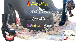 Dom May with Ankle Boots Crushing Birthday Cake for Her Slave