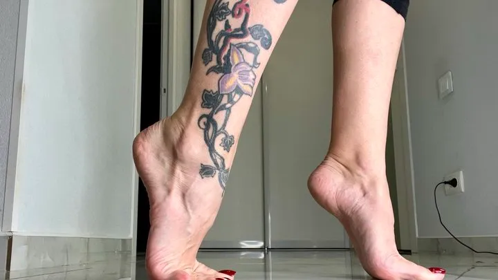 Tiptoe, highly arched feet, long toes and long legs