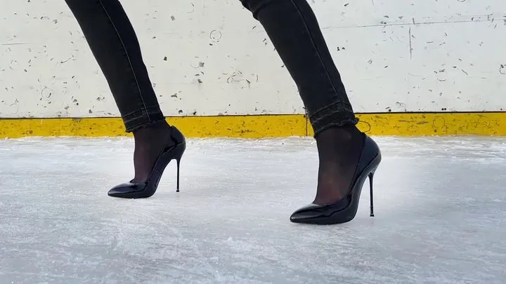 Stilettos on ice, high heels on ice, stilettos on ice rink, girl on ice, shoes on ice, slippery high heels