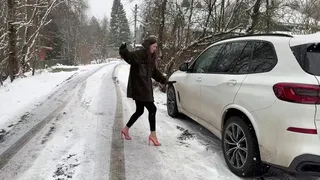 orange Fashion Nova flip flops on ice