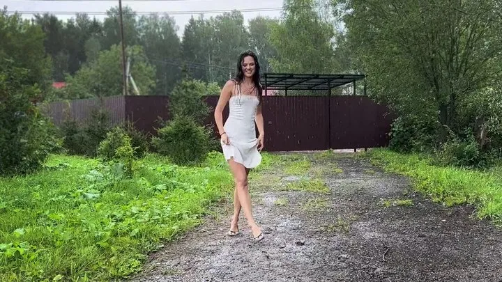 Alena dancing under the rain, wetlook, girl in dress under the rain, wet girl under rain