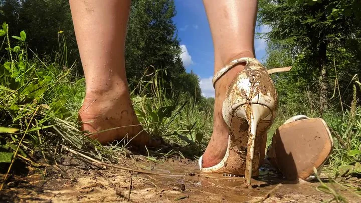 High Heels Sandals in Mud, Muddy High Heels, High Heels Sinking in Mud, Wet High Heels, Pee on High Heels