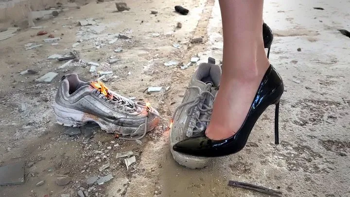 High Heels vs Sneakers, Fila Disruptor FULL Destruction, Sneakers in Fire, Sneakers Ruined