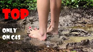 Barefoot in mud, muddy feet, walking in mud barefoot, dirty soles, muddy toes, girl in mud