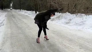 High heels mules on ice, girl on high heels on ice, girl walking on ice, sandals on ice, slippery shoes on ice