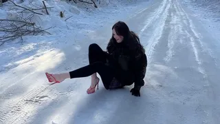 Orange high heels on ice, flip flops on ice, shoes on ice, girl on ice, slippery high heels