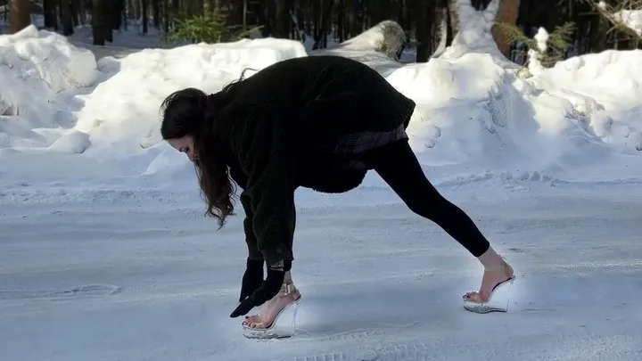 Alena in clear strip platform shoes walking on very slippery ice, girl on ice, walking on ice in high heels