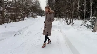 Strappy high heels sandals in snow, high heels on snow, walking on high heels, slippery high heels