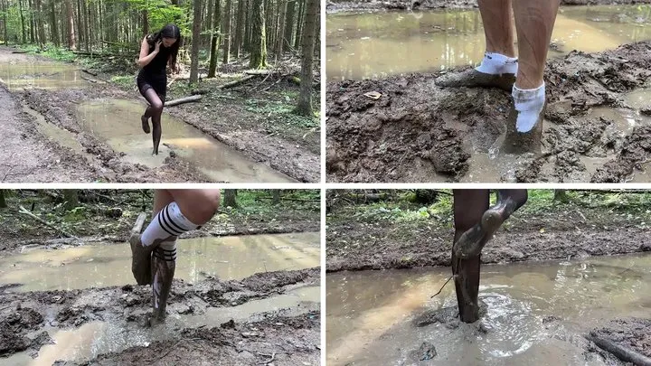 Black stockings in mud, wet black stockings, white nylon socks in mud, white socks in mud