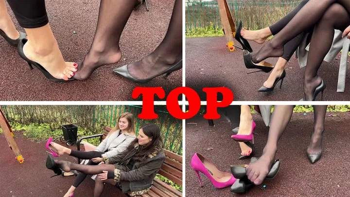 Girls is playing hard with high heels, shoe fight, shoeplay, high heels dangling, high heels exchanging, high heels stilling