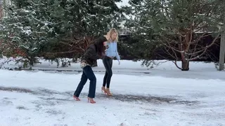 Two girl on high heels mules walking on snow and ice, slippery high heels, flip flops on ice, high heels on ice