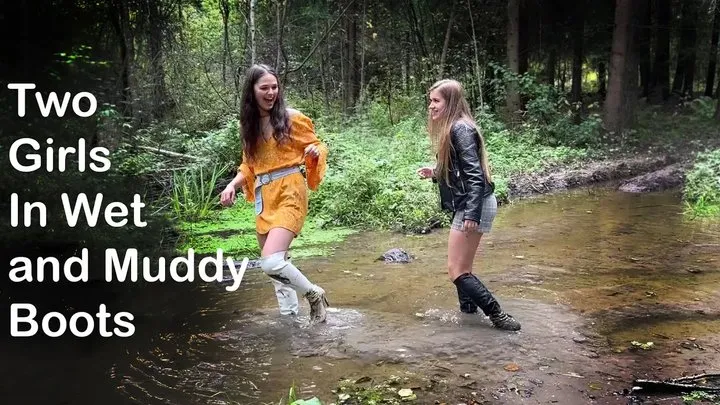 Two girls in high heels boots in mud and swamp, wet boots in mud, muddy high heels boots