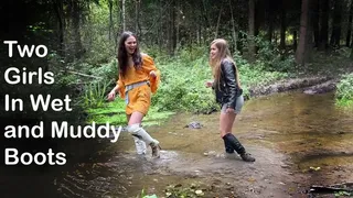 Two girls in high heels boots in mud and swamp, wet boots in mud, muddy high heels boots