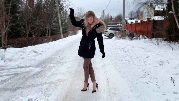 High Heels on Ice, Stilettos on Ice, High Heels Pumps on Ice, Slippery Stiletto High Heels