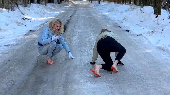 High heels on ice, girls on high heels on ice, slippery high heels, high heels sliding on ice